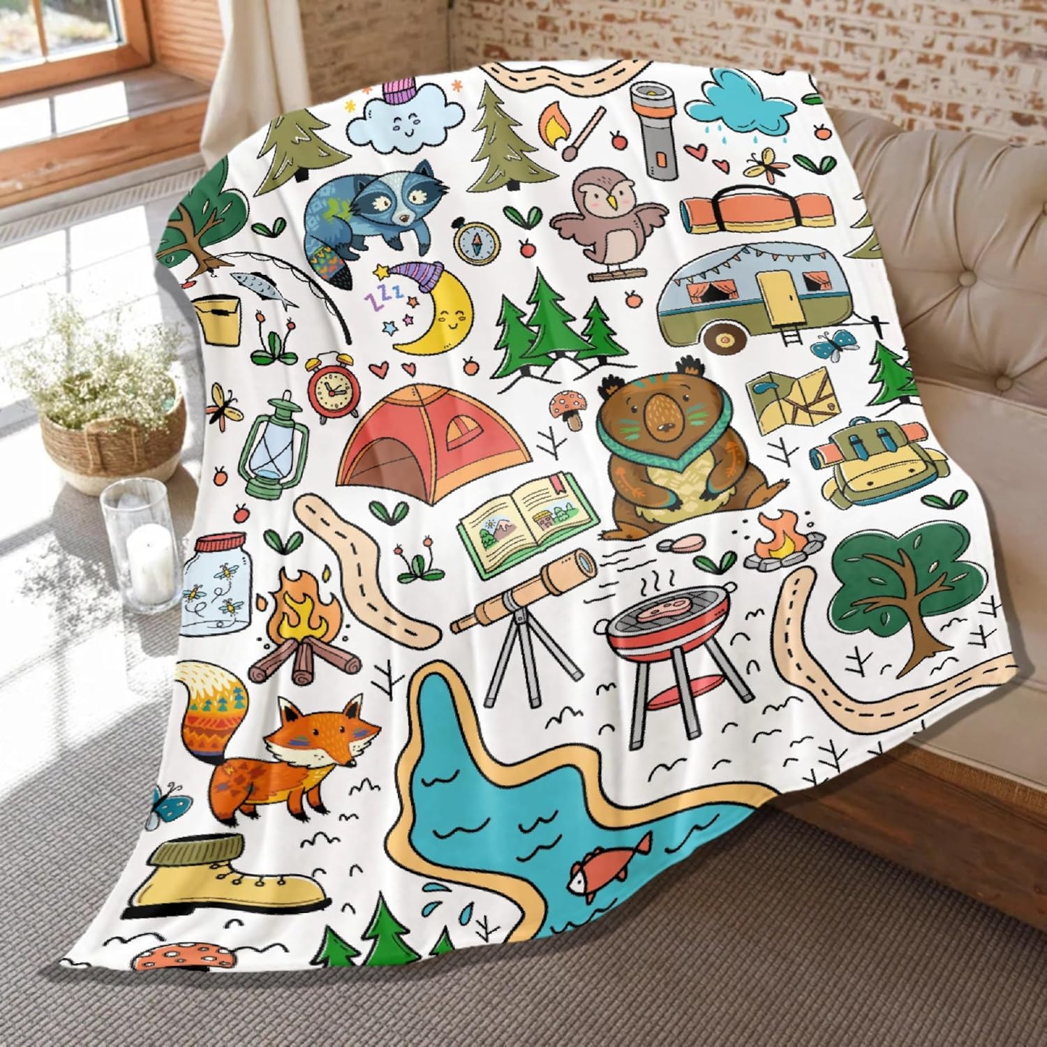 Manta de camping para niños, manta suave para acampar, bonita manta de franela de felpa para decoración de dormitorio, sofá, cama, viajes al aire