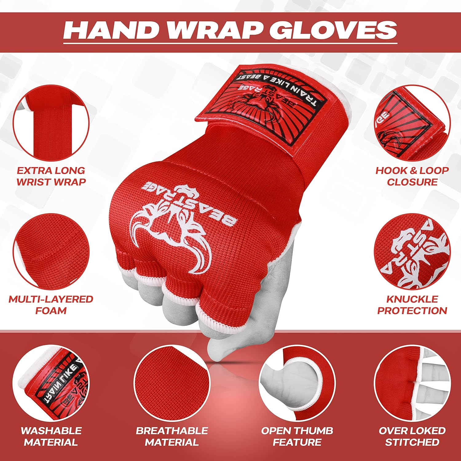BEAST RAGE Guantes interiores con envolturas de mano, envoltura rápida, largo de 36 pulgadas, soporte de muñeca de MMA, vendajes Muay Thai,