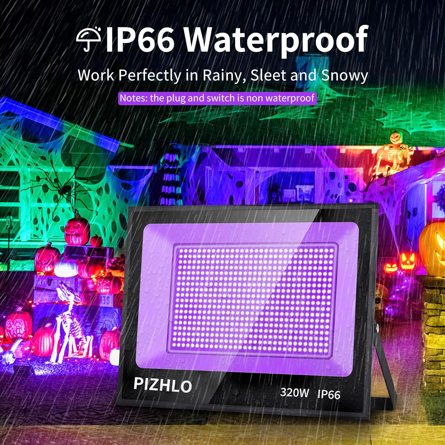 Paquete de 2 luces LED negras de 320 W, luz de inundación de luz negra con enchufe e interruptor, IP66 impermeable para exteriores, luz negra para