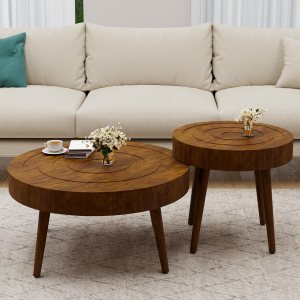Juego de 2 mesas de centro redondas de 2 piezas, mesa anidable de granja con patrón de manga circular de madera, moderna mesa auxiliar de MDF para Juego de 2 mesas de centro redondas de 2 piezas, mesa anidable de granja con patrón de manga circular de madera, moderna mesa auxiliar de MDF para
