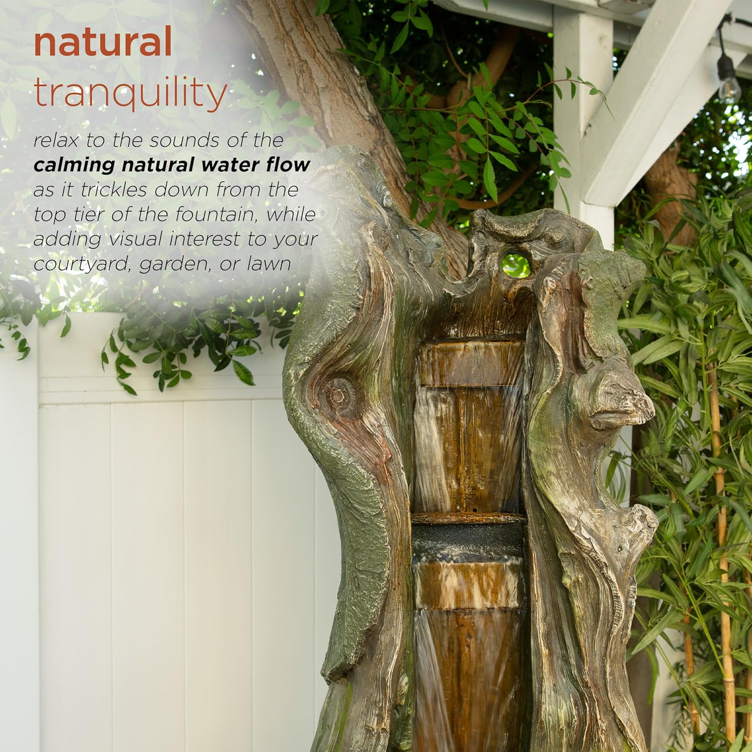 Alpine Corporation TVH156 – Fuente de agua para tronco de árbol en cascada con luces LED, cascada con luces, 79 pulgadas, marrón