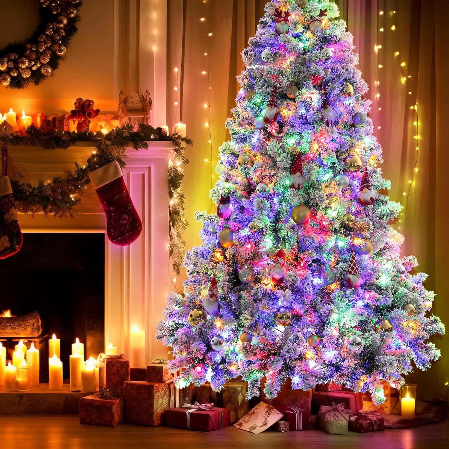 Árbol de Navidad preiluminado de 6 pies, árboles de Navidad artificiales con 250 luces multicolor y blancas cálidas, árbol de pino de Navidad para