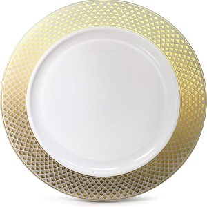 “Ocasiones” Paquete de 120 cargadores de plástico desechables para bodas, fiestas, 12 pulgadas, (celebra, blanco y dorado) “Ocasiones” Paquete de 120 cargadores de plástico desechables para bodas, fiestas, 12 pulgadas, (celebra, blanco y dorado)