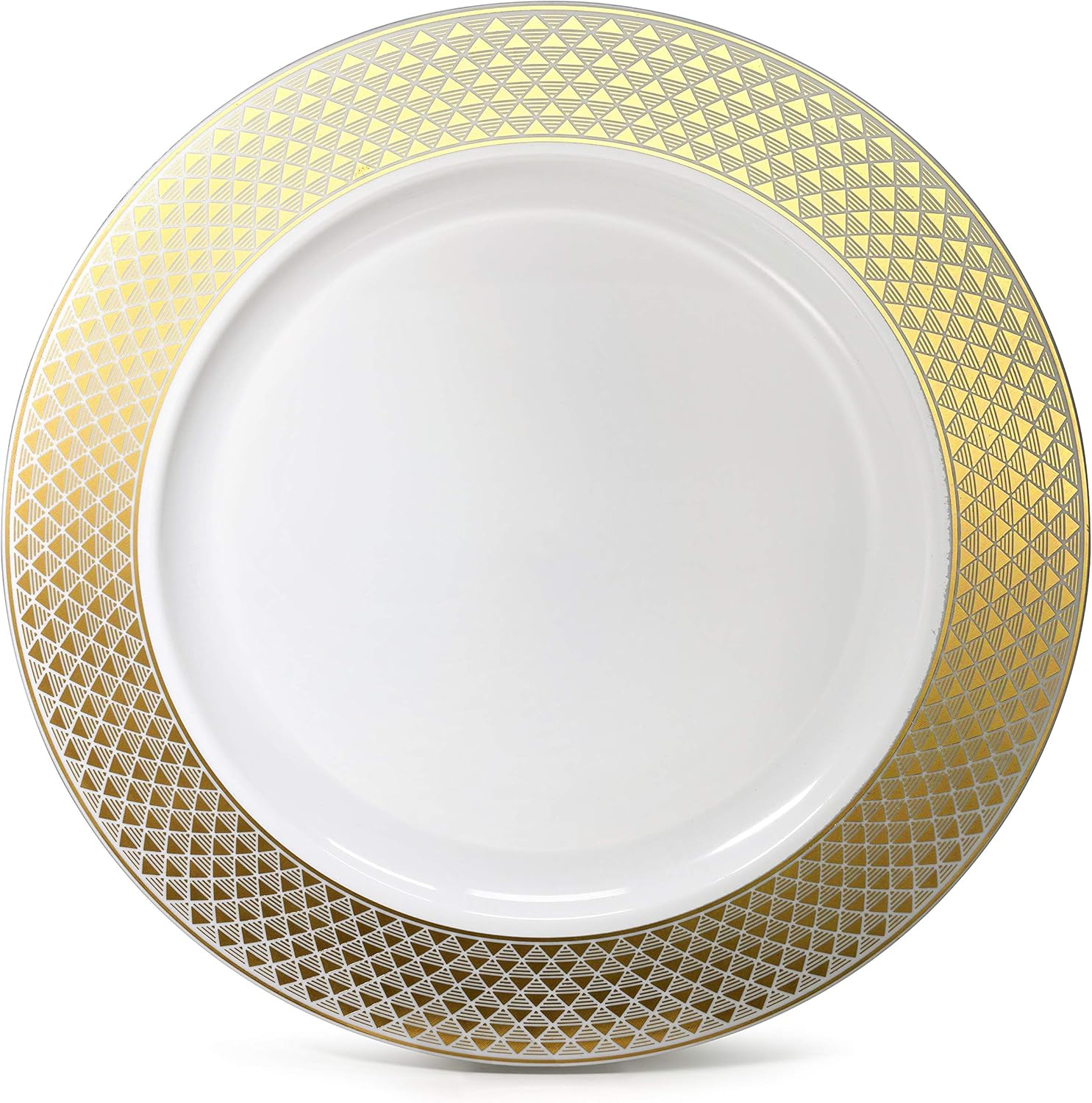 “Ocasiones” Paquete de 120 cargadores de plástico desechables para bodas, fiestas, 12 pulgadas, (celebra, blanco y dorado)