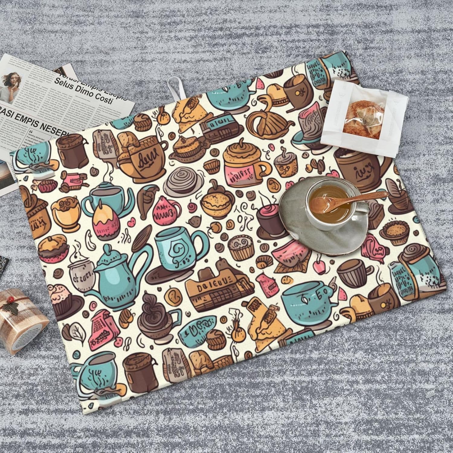 Tapete de secado de platos para tazas de café para decoración de encimera de cocina, 18 x 24 pulgadas, absorbente floral, reversible, de microfibra,