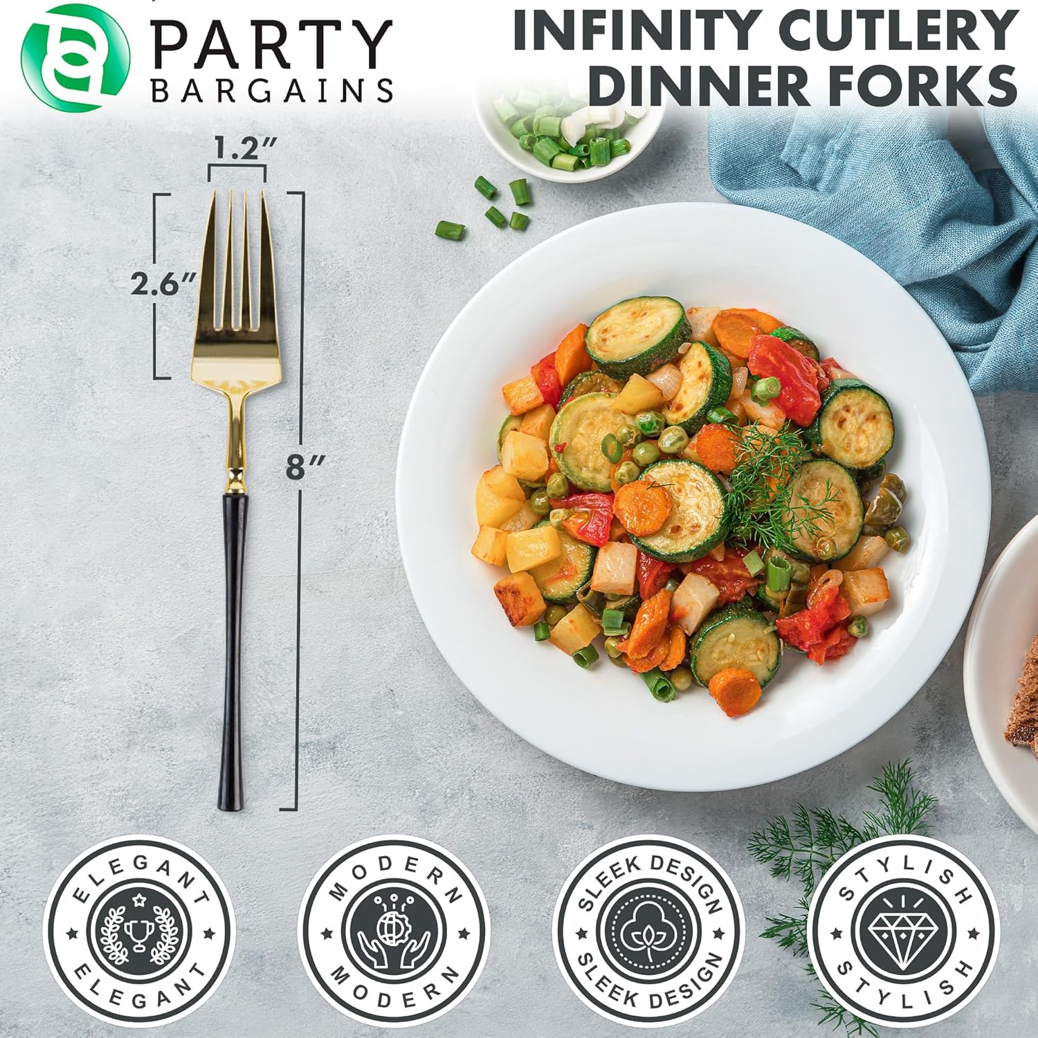 Party Bargains Tenedores desechables de plástico para cena, 20 unidades, negro y dorado, cubiertos de cocina de diseño moderno infinito, perfectos