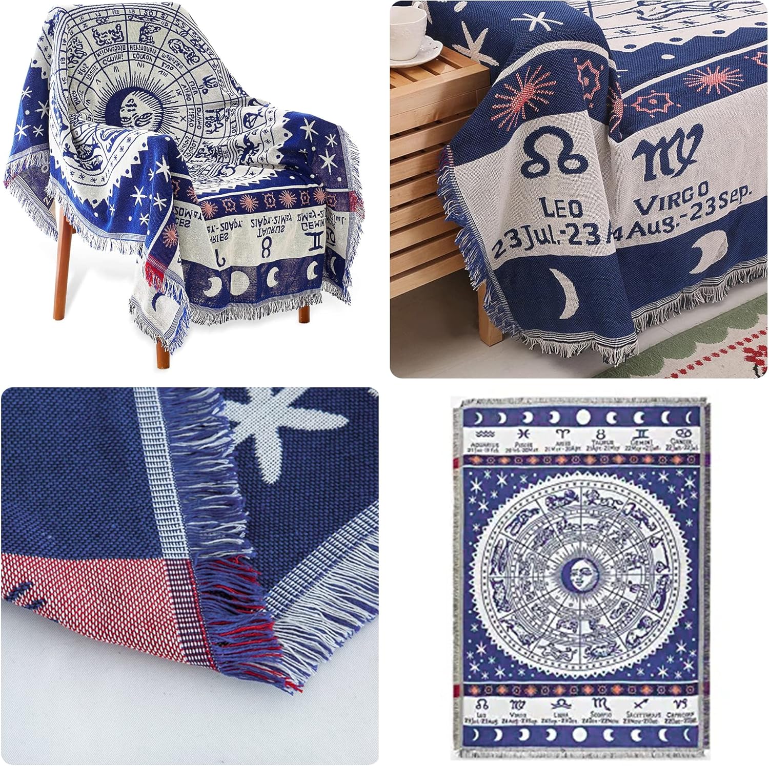 Astrology Throw BlanketBohemian Hippie Woven Witchy Zodiac Celestial Constellation Balnket for Home Decor, Double Side CoverChair Sofa Couch(Blue,