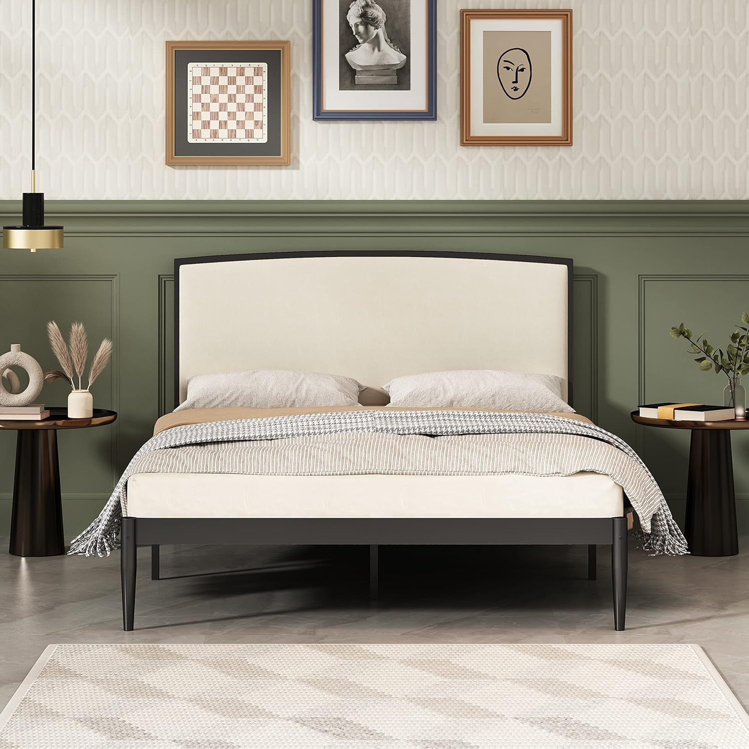 YUHUASHI Base de cama de metal con plataforma, diseño simple, cabecera curvada cubierta de lino, marco y pie de metal, fácil de montar y silencioso