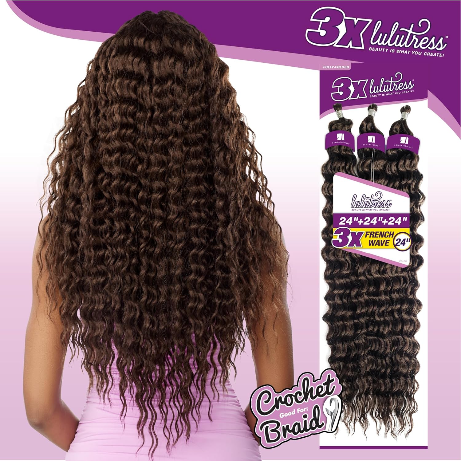 Sensationnel Lulutress Pelo trenzado de ganchillo  3X onda francesa sintética con preestilizado  LULUTRESS 3x onda francesa 24 pulgadas (2 marrón