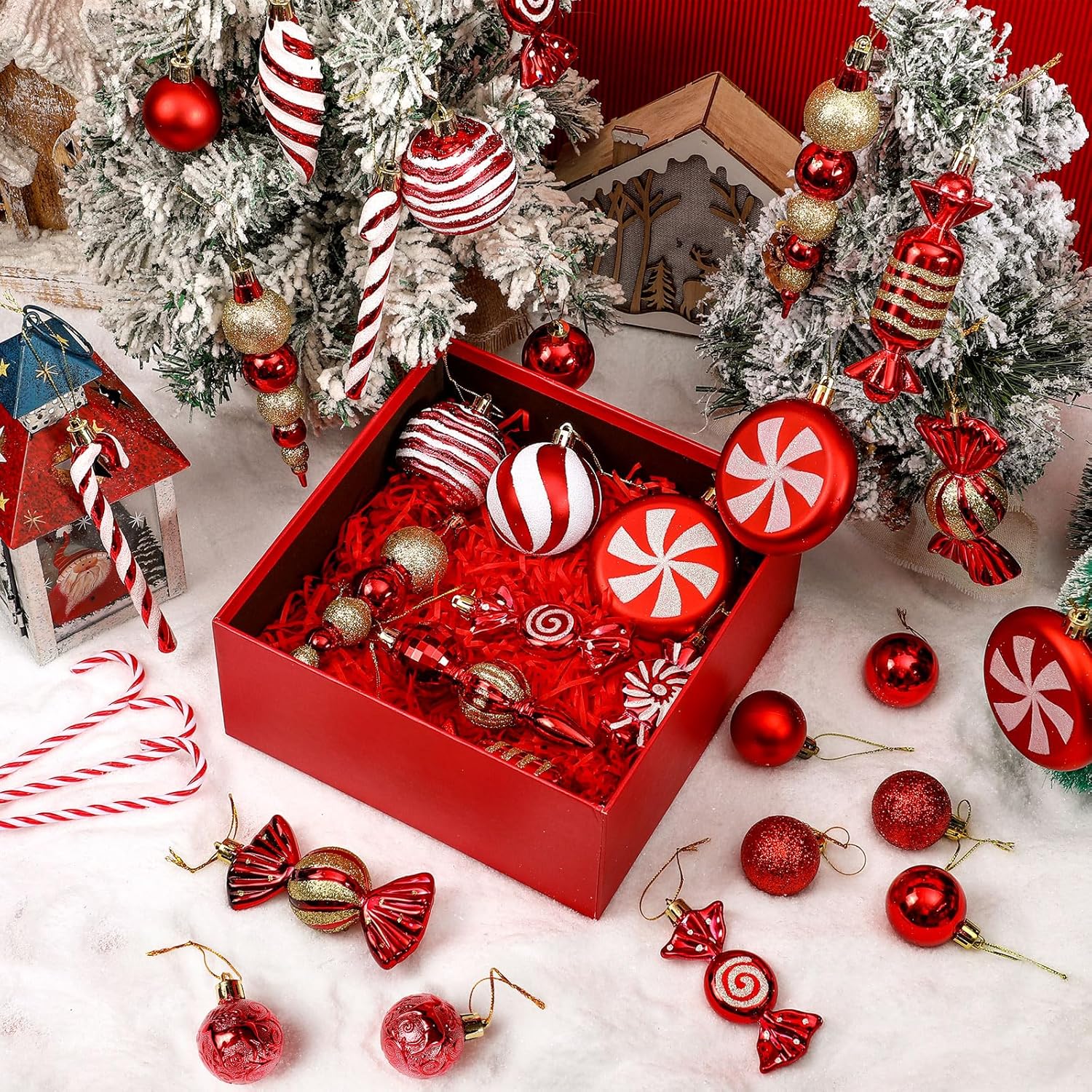 Sumind Juego de 130 adornos rojos y blancos para árbol de Navidad, caramelo de Navidad, adornos de piruleta de caramelo para decoración de árbol de