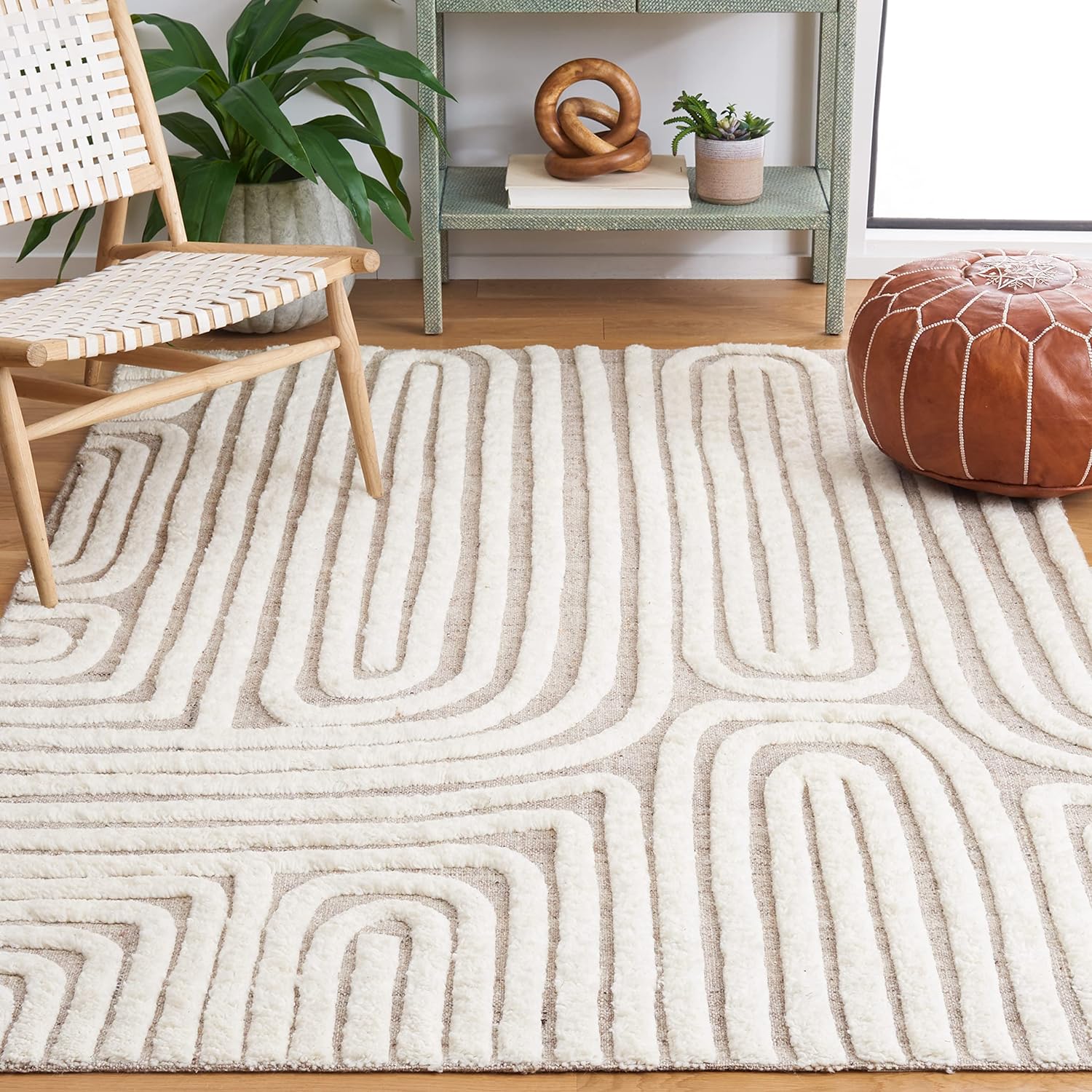 SAFAVIEH Kilim Collection – Alfombra cuadrada de 4 pies, color beige y marfil, hecha a mano de lana moderna con textura de mediados de siglo, ideal
