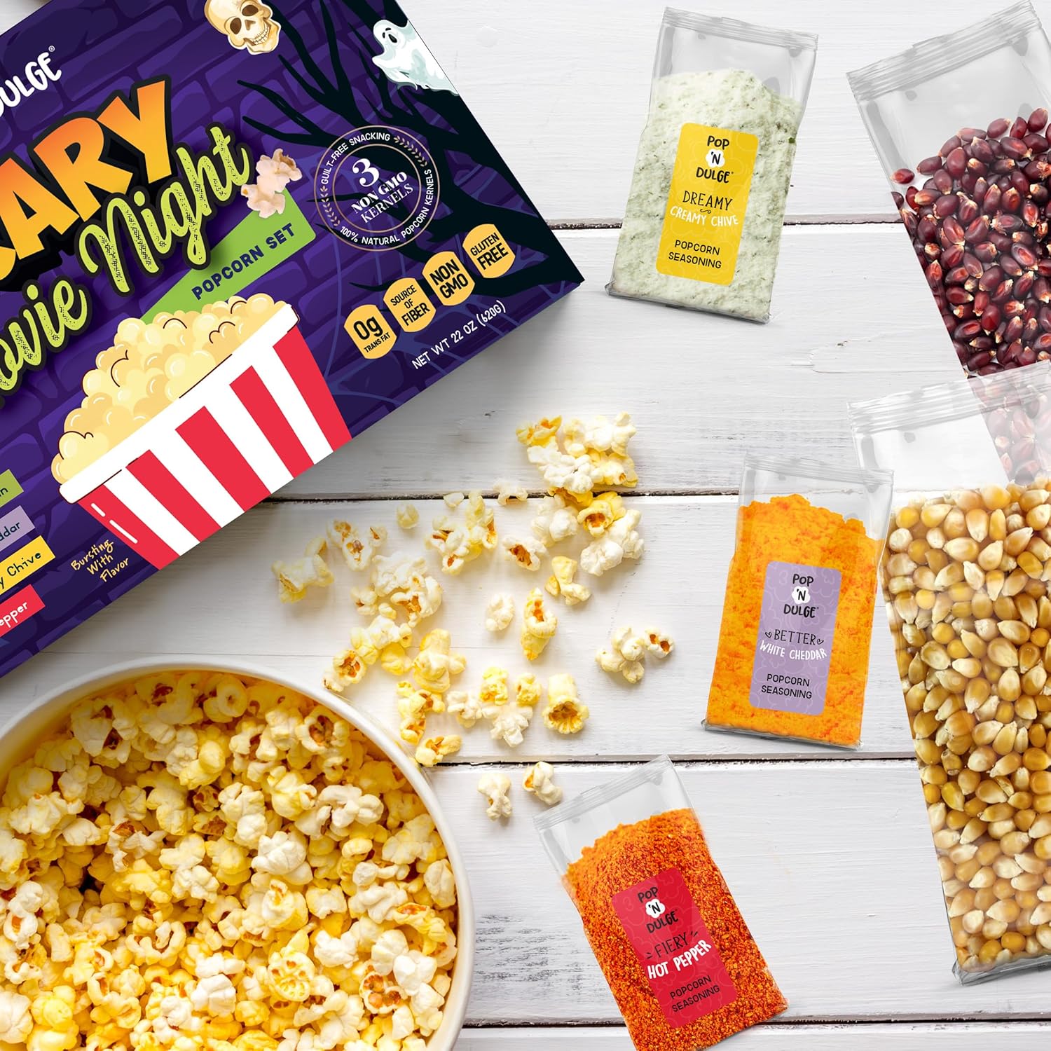 Regalos de Halloween, cesta de regalo de noche de película aterradora, granos de palomitas gourmet y condimentos de palomitas de maíz, paquete
