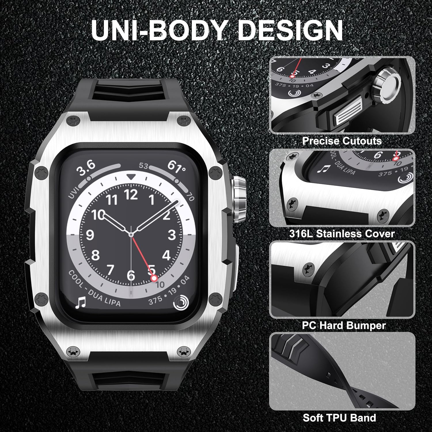 GELISHI Compatible con Apple Watch Band de 1.772 pulgadas (1.772 in), carcasa resistente de metal inoxidable con correa militar a prueba de golpes