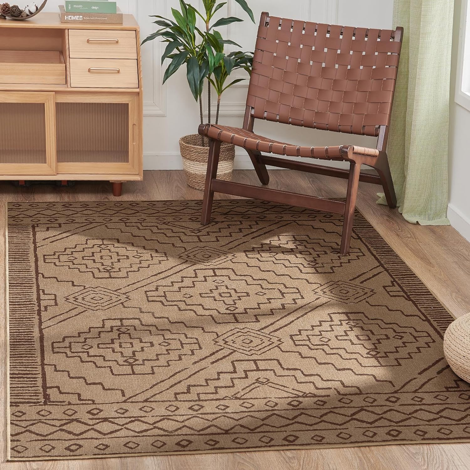 jinchan Alfombra de yute reciclada para interiores y exteriores, de 6 x 9 pies, estilo bohemio, elegante, con estampado geométrico, marrón,