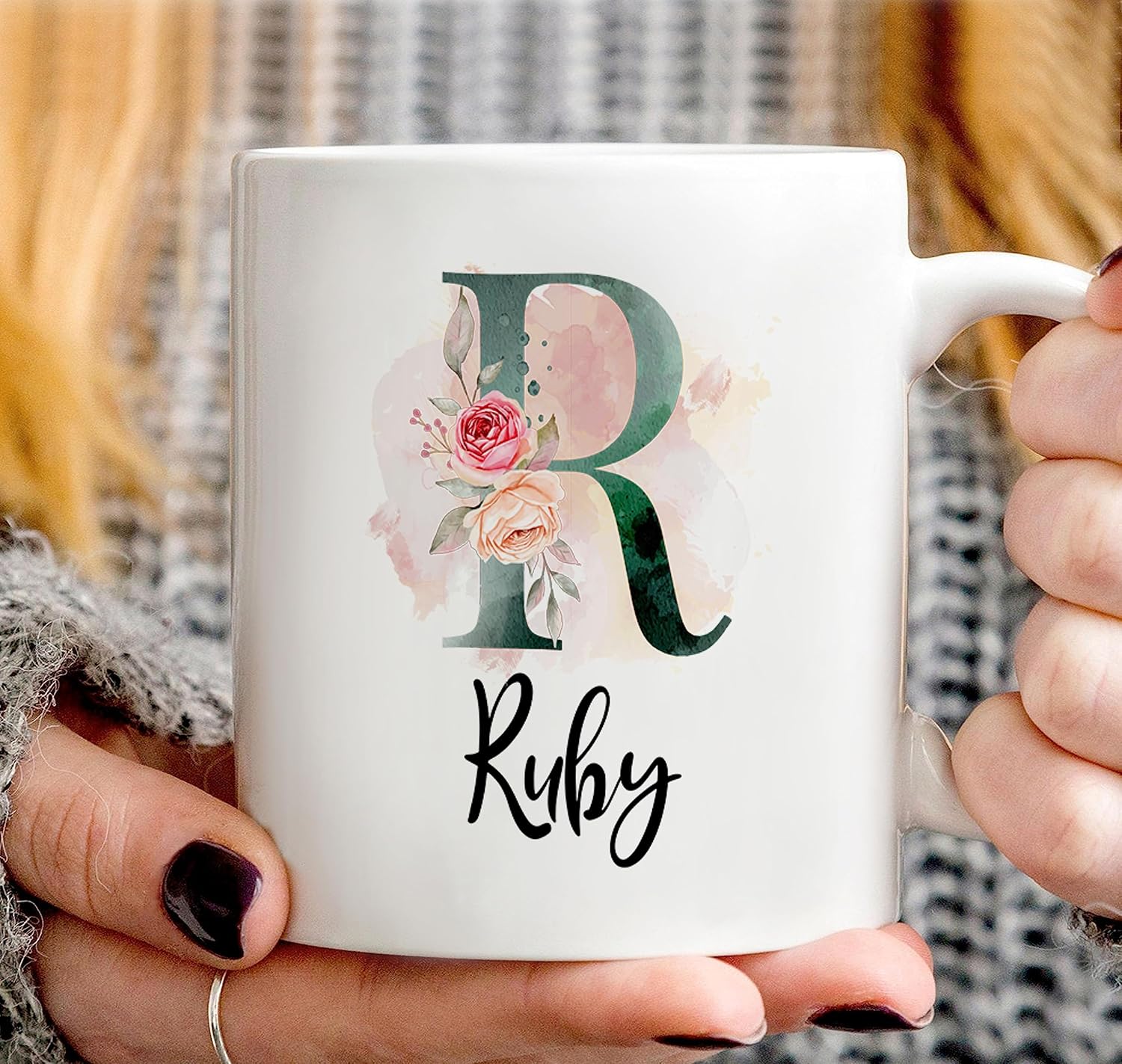 PREZZY Taza personalizada con letra R con inicial, monograma personalizado, taza de café floral, regalos para mujeres, hombres, familiares, amigos,