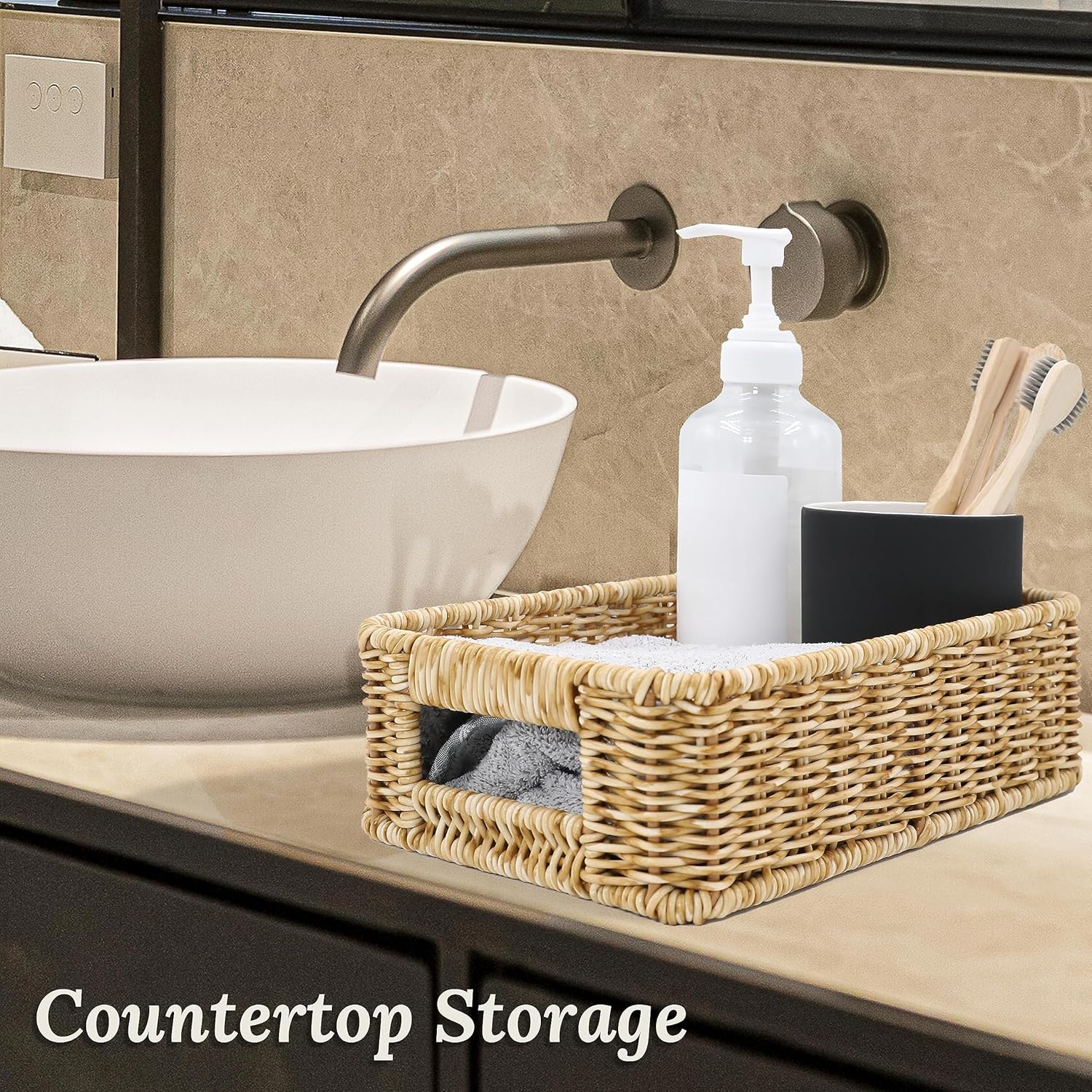 Cestas para organizar, Cesta pequeña de mimbre, Cestas de almacenamiento para baño, Cesta de inodoro, Cesta pequeña con asa, Cestas de