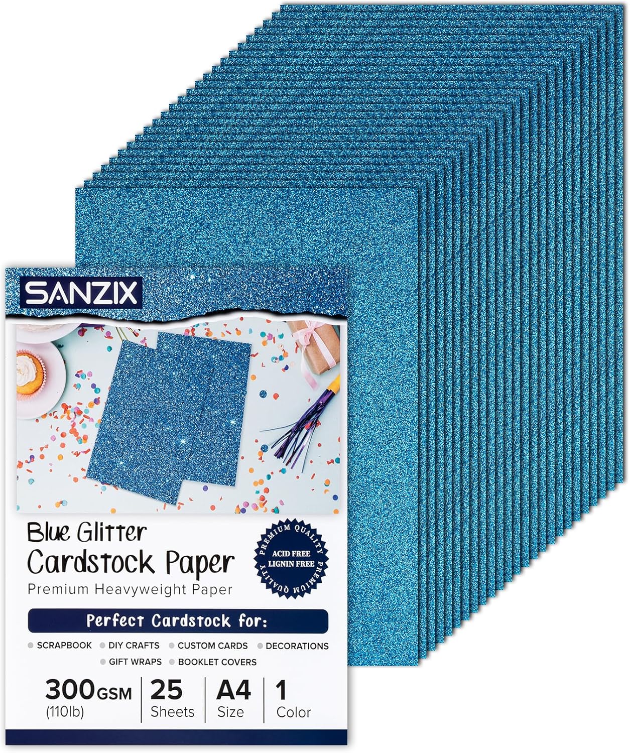 25 hojas de cartulina azul con purpurina  110 libras. 300 GSM  8.2 x 11.7 pulgadas (8.2 x 11.7 pulgadas), cartulina de papel con purpurina pesada