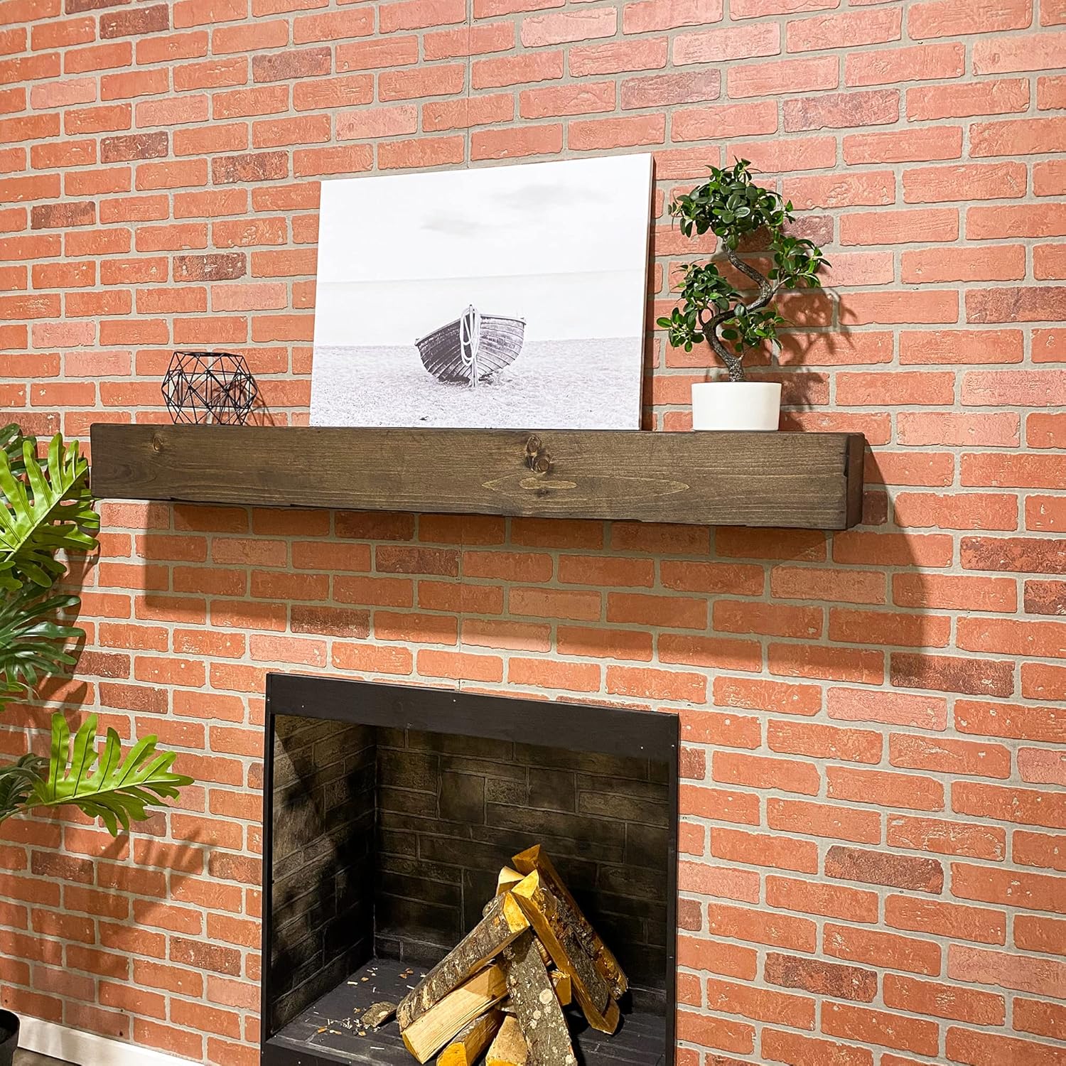 Chimenea de chimenea, rústico, estante, manto flotante, madera real, viga, URBANDI (marrón oscuro, 60 pulgadas de largo x 6 pulgadas de alto x 8