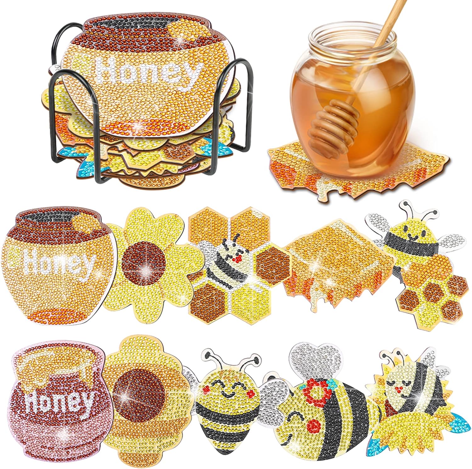YLOLUL Juego de 10 posavasos de pintura de diamantes en forma de abeja, posavasos de pintura de diamantes con soporte para principiantes, adultos y