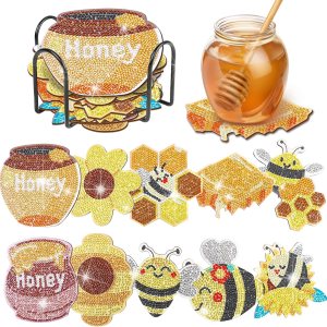 YLOLUL Juego de 10 posavasos de pintura de diamantes en forma de abeja, posavasos de pintura de diamantes con soporte para principiantes, adultos y YLOLUL Juego de 10 posavasos de pintura de diamantes en forma de abeja, posavasos de pintura de diamantes con soporte para principiantes, adultos y