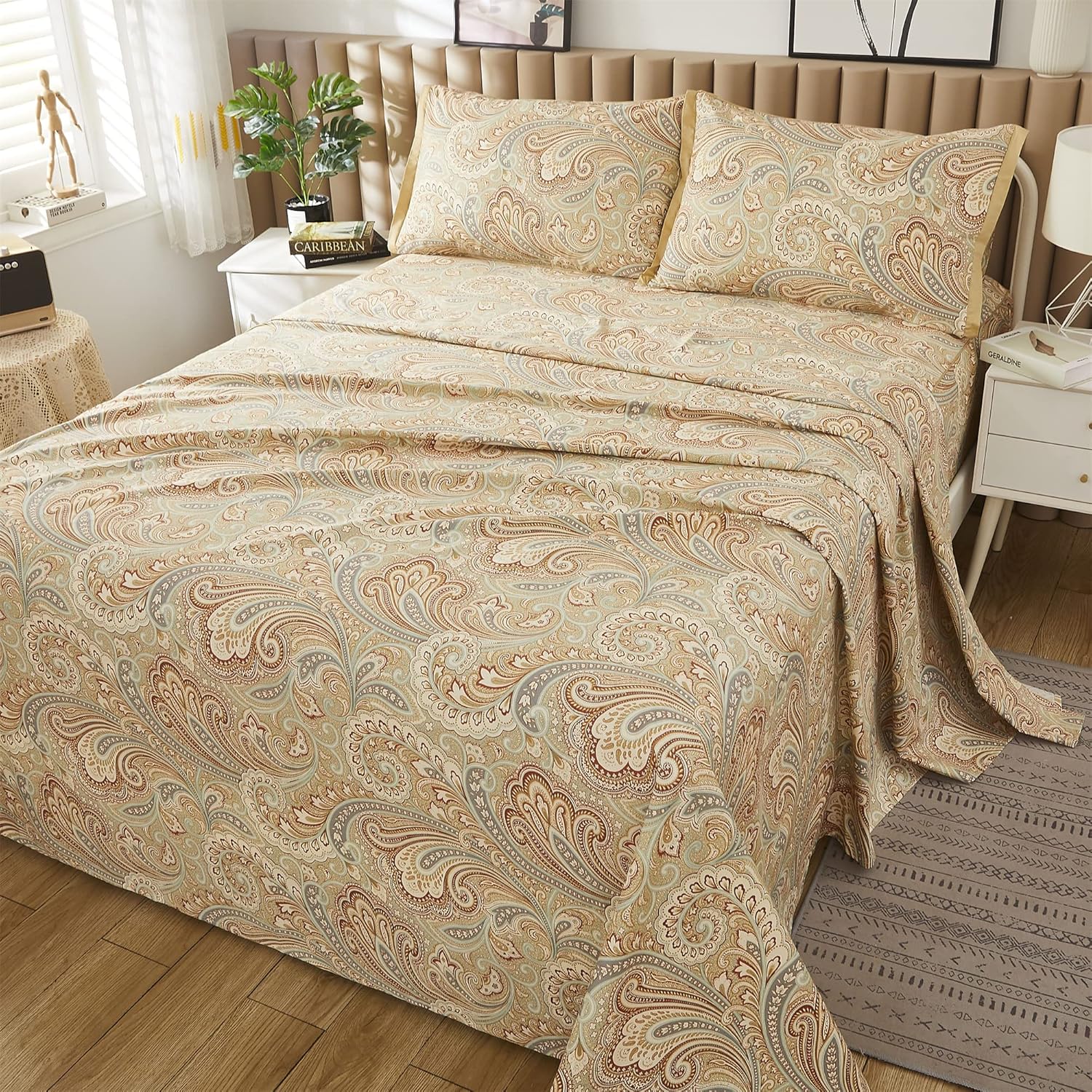 ABREEZE Juego de sábanas de lujo 100% algodón natural puro, juego de ropa de cama de 4 piezas con estampado de cachemira dorada, calidad de hotel,