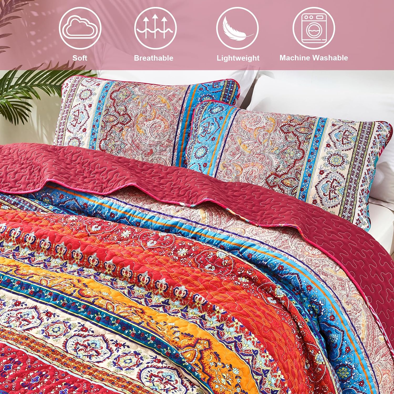 WONGS BEDDING Juego de edredón bohemio tamaño Queen, juego de edredón de 3 piezas de rayas bohemias de Navidad, juego de edredón de microfibra