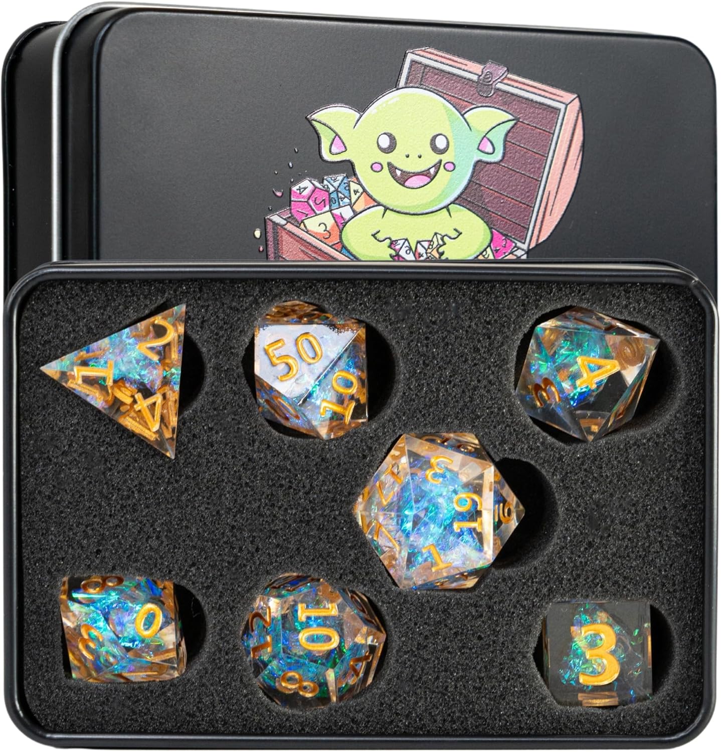 Dice Goblin Anonymous DND – Juego de 7 dados poliédricos de resina de borde afilado para Calabozos y Dragones con bolsa de dados  bandeja y