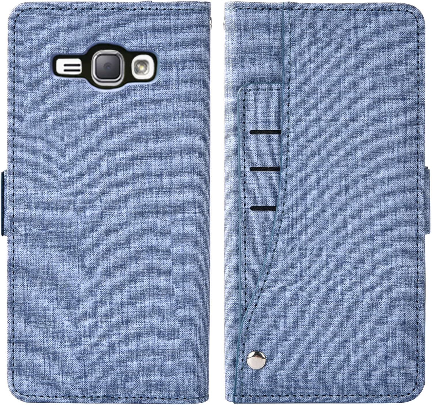 Asuwish Compatible con Samsung Galaxy J1 2016Amp 2Express 3Luna – Funda tipo cartera de vidrio templado, protector de pantalla y tarjetero abatible,