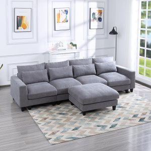 Sofá modular en forma de L, moderna tumbona seccional tapizada y otomana, 4 almohadas lumbares, sofá de gran tamaño de 5 asientos para sala de Sofá modular en forma de L, moderna tumbona seccional tapizada y otomana, 4 almohadas lumbares, sofá de gran tamaño de 5 asientos para sala de