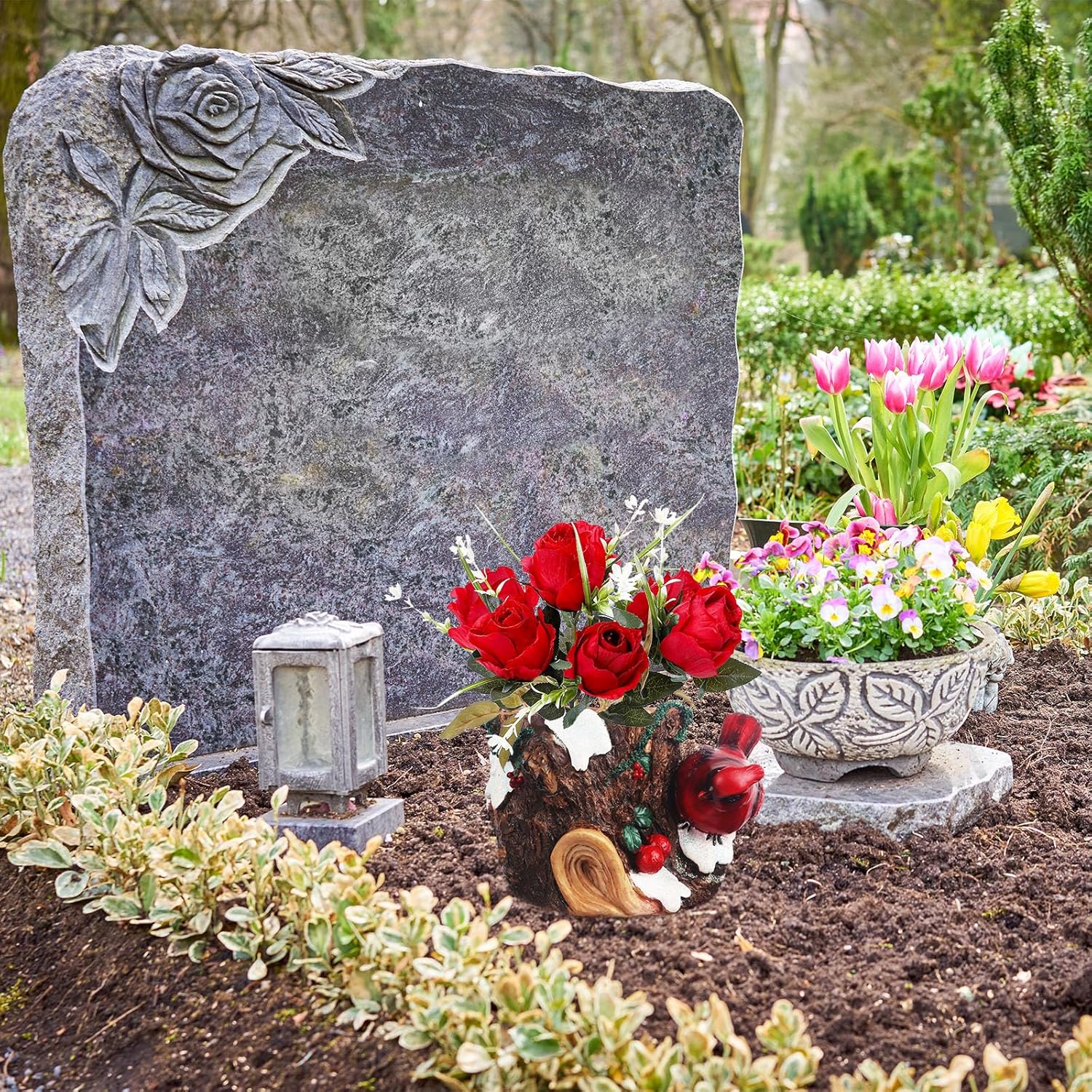 bocola Decoraciones de cementerio para tumba, jarrón de resina con rosa artificial roja de seda para decoración de tumbas, estaca de jardín