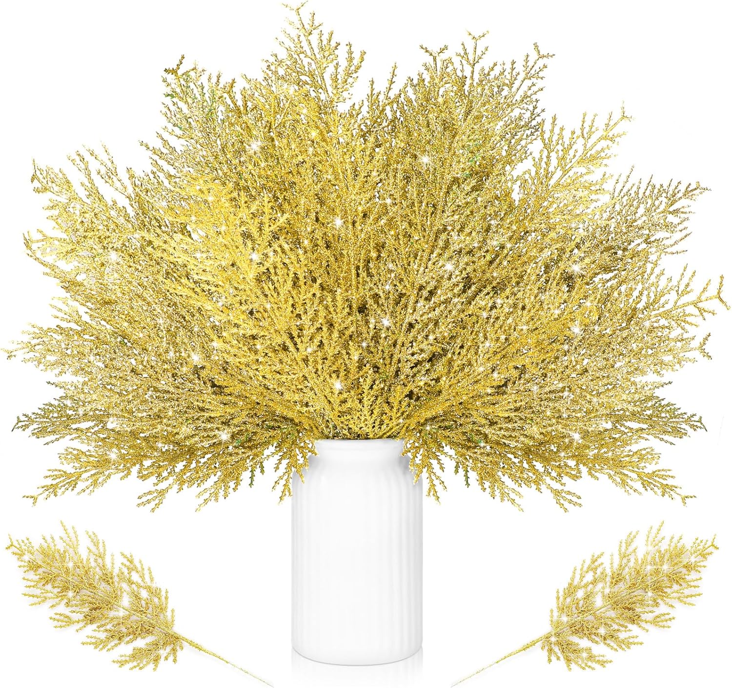 Sinmoe 80 agujas de pino artificial grandes de Navidad con purpurina, ramas de pino artificiales de 14 pulgadas, tallos de vegetación artificiales,