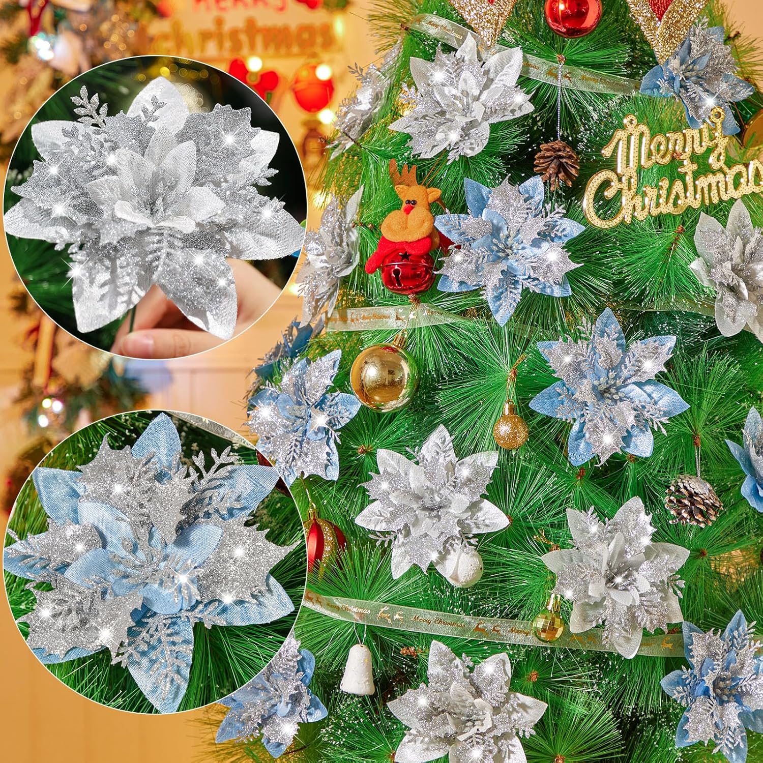 Serwalin 20 flores de Navidad artificiales de 5.5 pulgadas (5.5 in), color azul plateado, flores de pascua con clips, tallos con purpurina, adornos