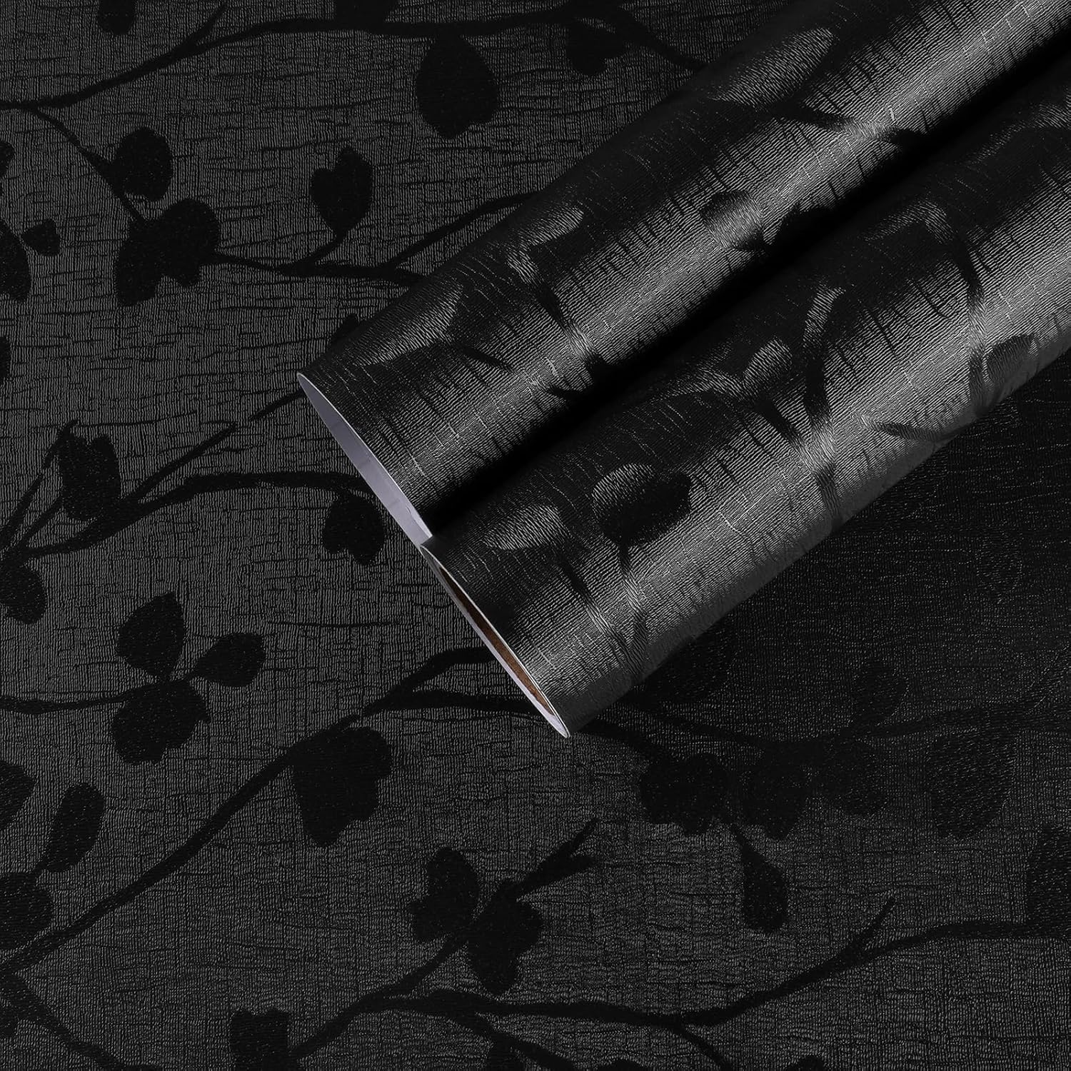 CHIHUT Papel tapiz negro para despegar y pegar, papel de contacto negro con relieve de seda, autoadhesivo, vinilo texturizado, decorativo,