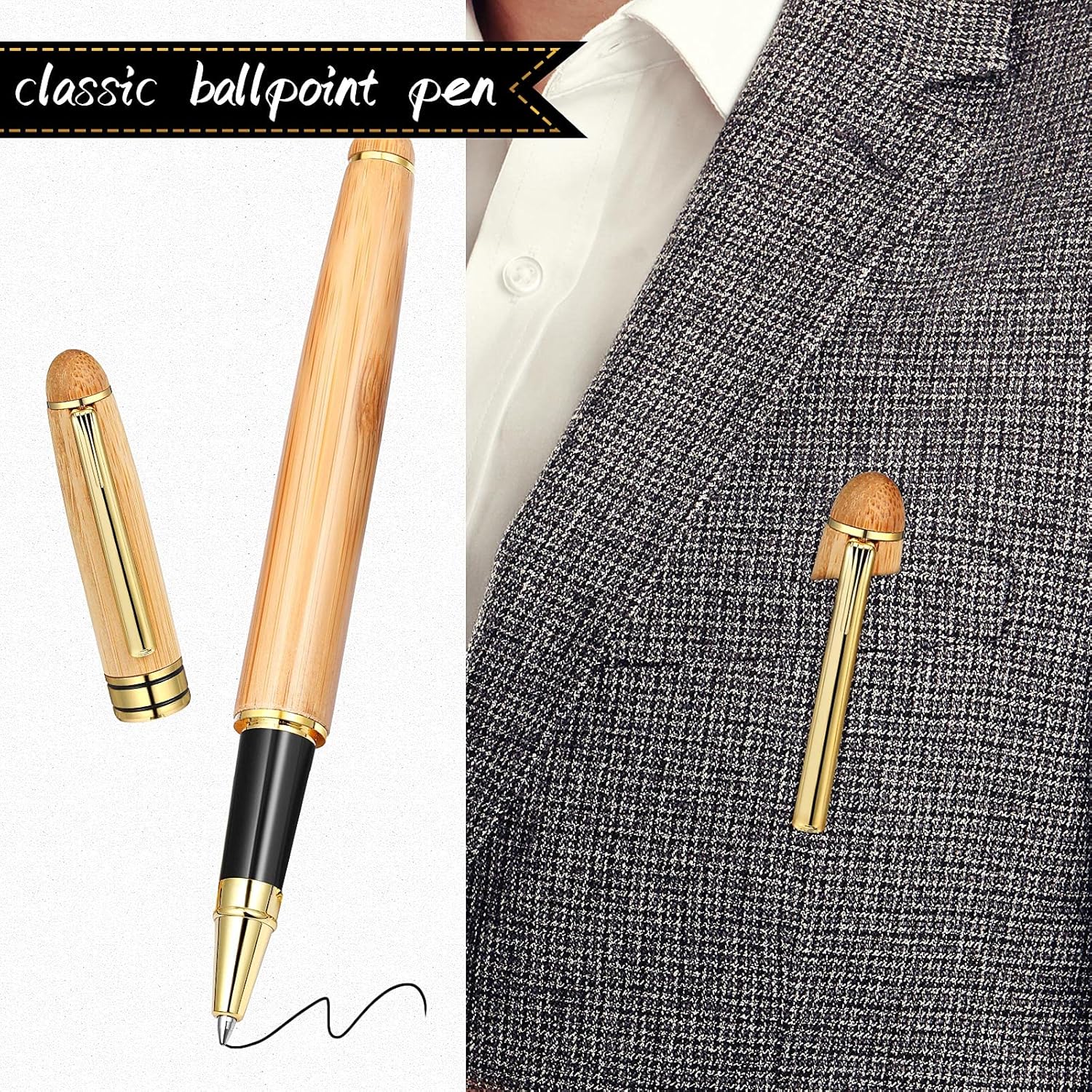 Zonon 2 bolígrafos de madera de bambú hechos a mano con 4 recambios de bolígrafo negro y 1 caja de regalo para Navidad, Día del Padre, San Valentín,