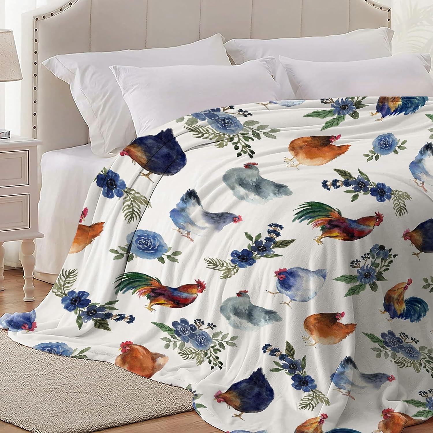 Manta floral de pollo, acogedora, suave y ligera, manta de franela para cama, sofá, viajes, todas las estaciones, pequeña de 50 x 40 pulgadas, para