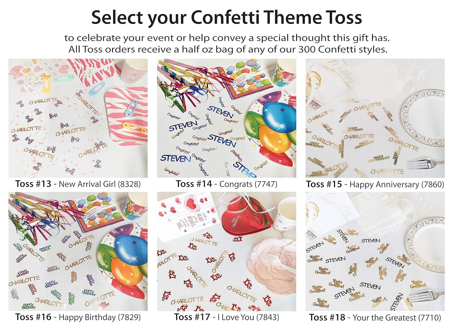 JAZMIN – Name Confetti in 12 Metallic Colors. Includes Confetti Toss Mix or Girls Name Only Set #N630