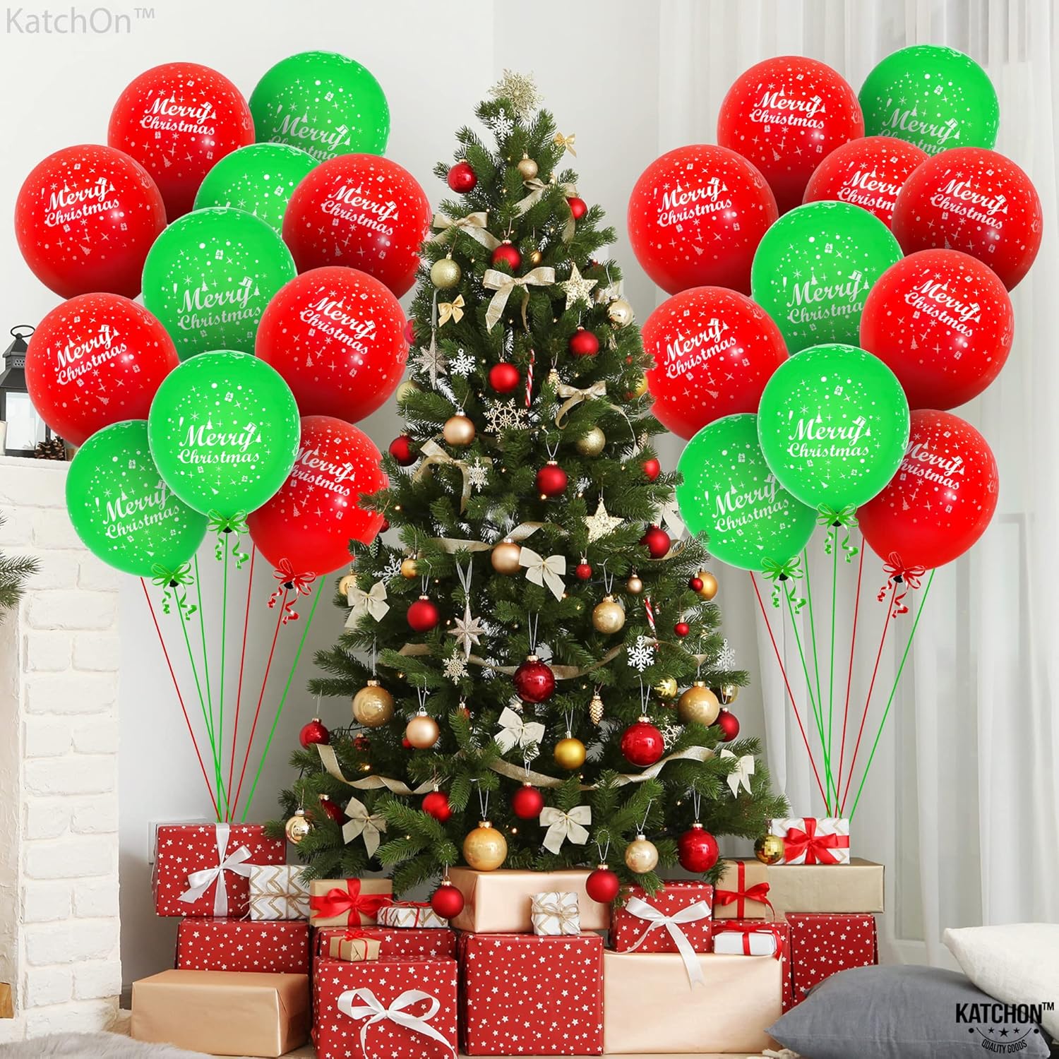 KatchOn, Merry Christmas Balloons – Pack of 50, 12 Inch  Printed Red and Green Balloons for Christmas Party Decorations  Holiday Balloons, Christmas