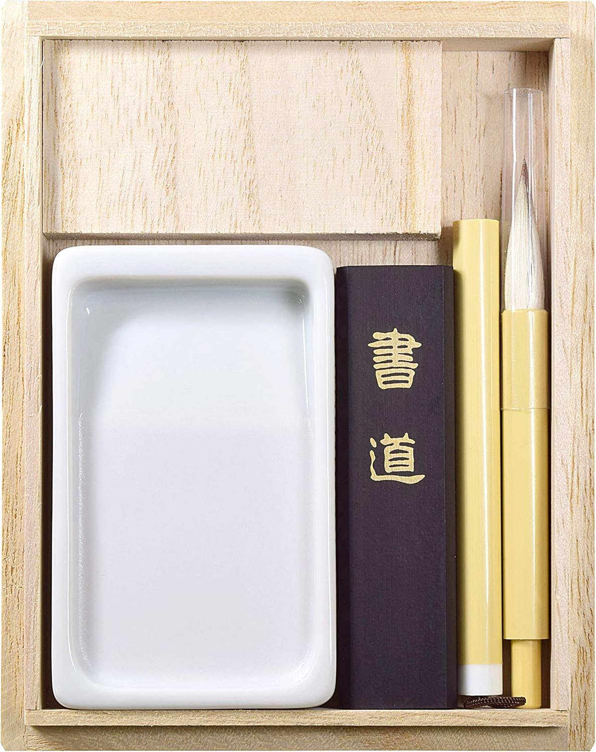 Product of Gifu Japan Juego de caligrafía japonesa Mino Washi Shodo, piedra de tinta, barra de tinta Sumi y pincel Shuji desmontable con caja de