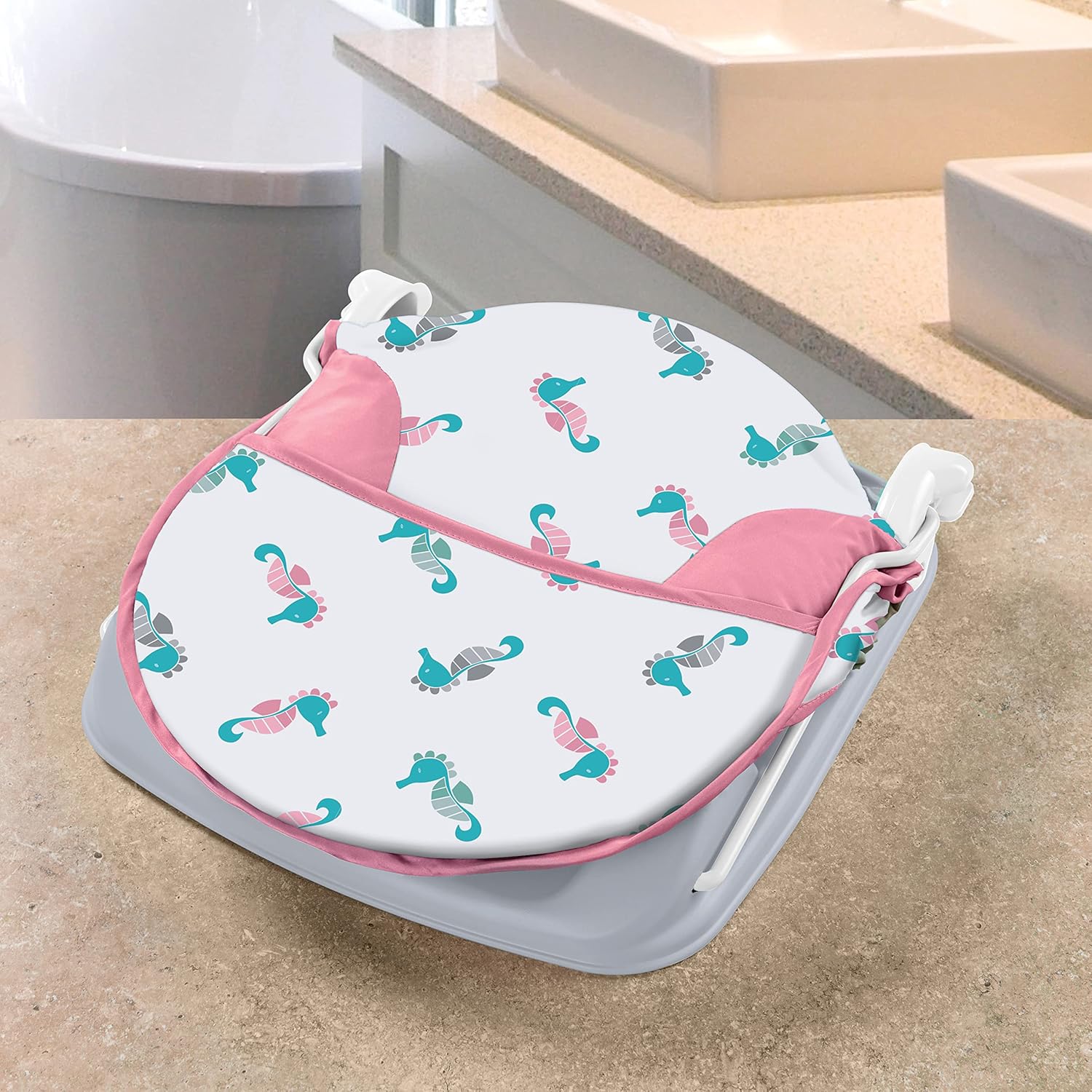 Summer Infant Bañista de lujo para bebé (caballito de mar)  Soporte de baño para uso en el fregadero o bañera  Incluye 3 posiciones reclinables