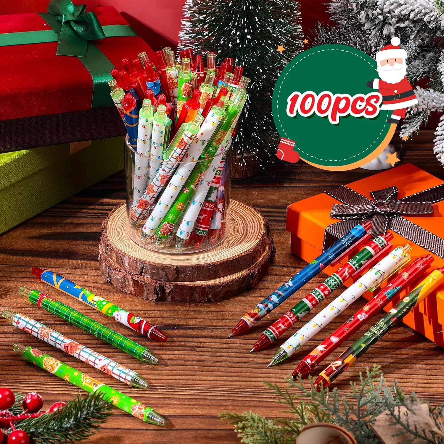 100 bolígrafos de tinta de gel de Navidad, bolígrafos retráctiles de Navidad, bolígrafos de dibujos animados, lindos bolígrafos de tinta negra de