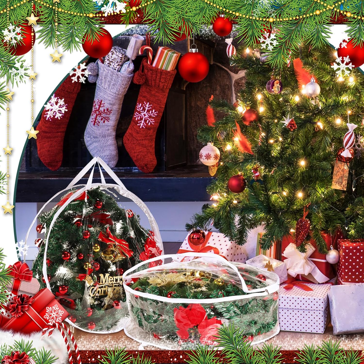 Shappy 4 bolsas grandes de almacenamiento para coronas de Navidad de 36 pulgadas, contenedor de almacenamiento de coronas de temporada con