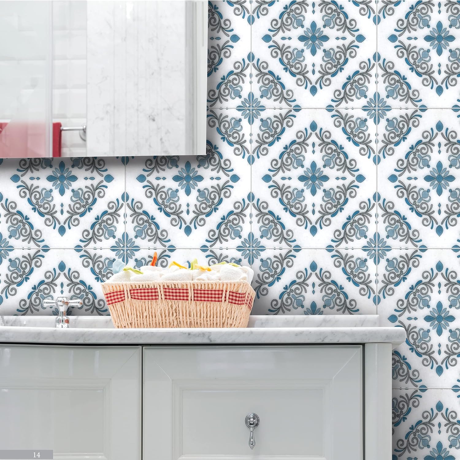6×6 Manolo Collection Paterno 2 – Suelo decorativo de mármol para pared, color azul y gris pardo sobre mármol blanco (4)