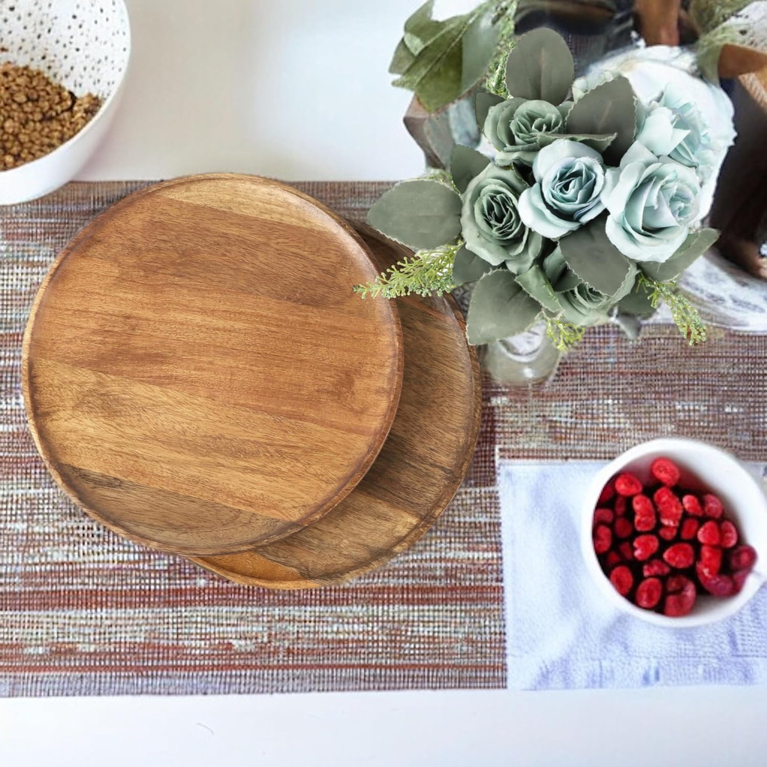 Juego de 4 platos redondos de madera de mango, de 9 pulgadas para servir embutidos, sushi, postre, pan de madera, tabla de servir charcutería para
