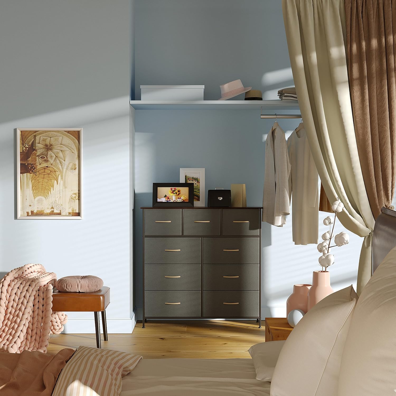 Cómoda de 9 cajones, torre de almacenamiento de tela para dormitorio, pasillo, guardería, organizador de armario alto, marco de acero, parte