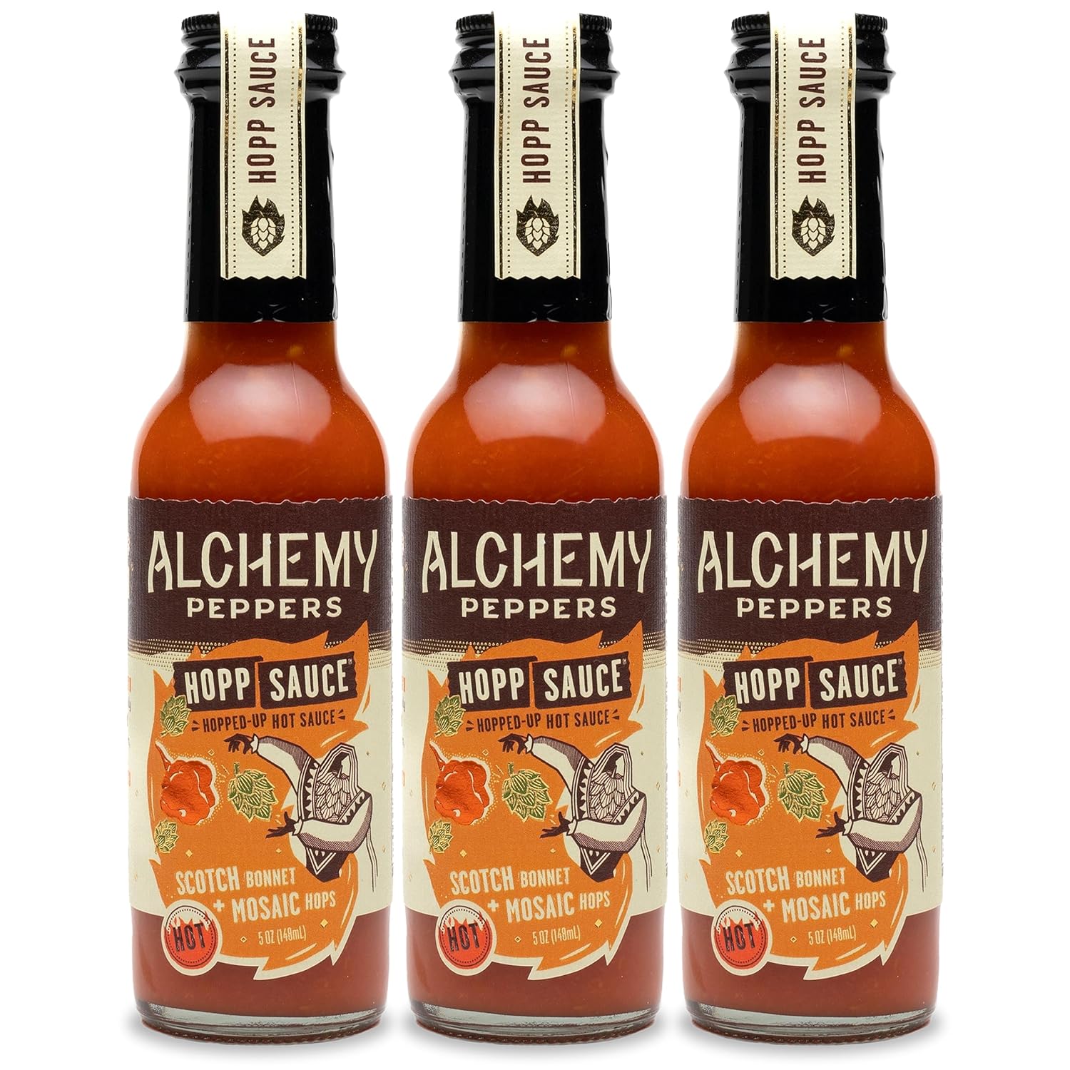 Alchemy Peppers – Paquete de 3 salsas picantes Scotch Bonnet + Mosaic Hops, Pimientos Fiery Scotch, lúpulo de mosaico afrutado, piña y ajo, calor