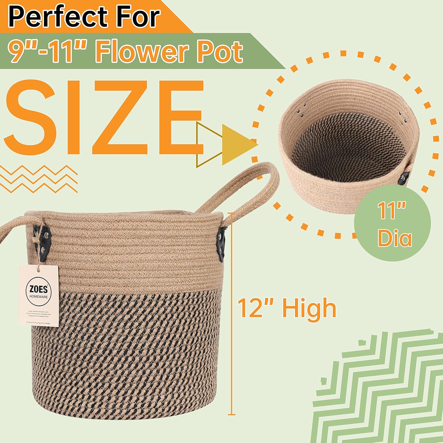 Cesta de cuerda de yute de 12 x 12 pulgadas, cesta tejida con asas para macetas de 8 a 11 pulgadas, cubierta bohemia para macetas de interior, cesta