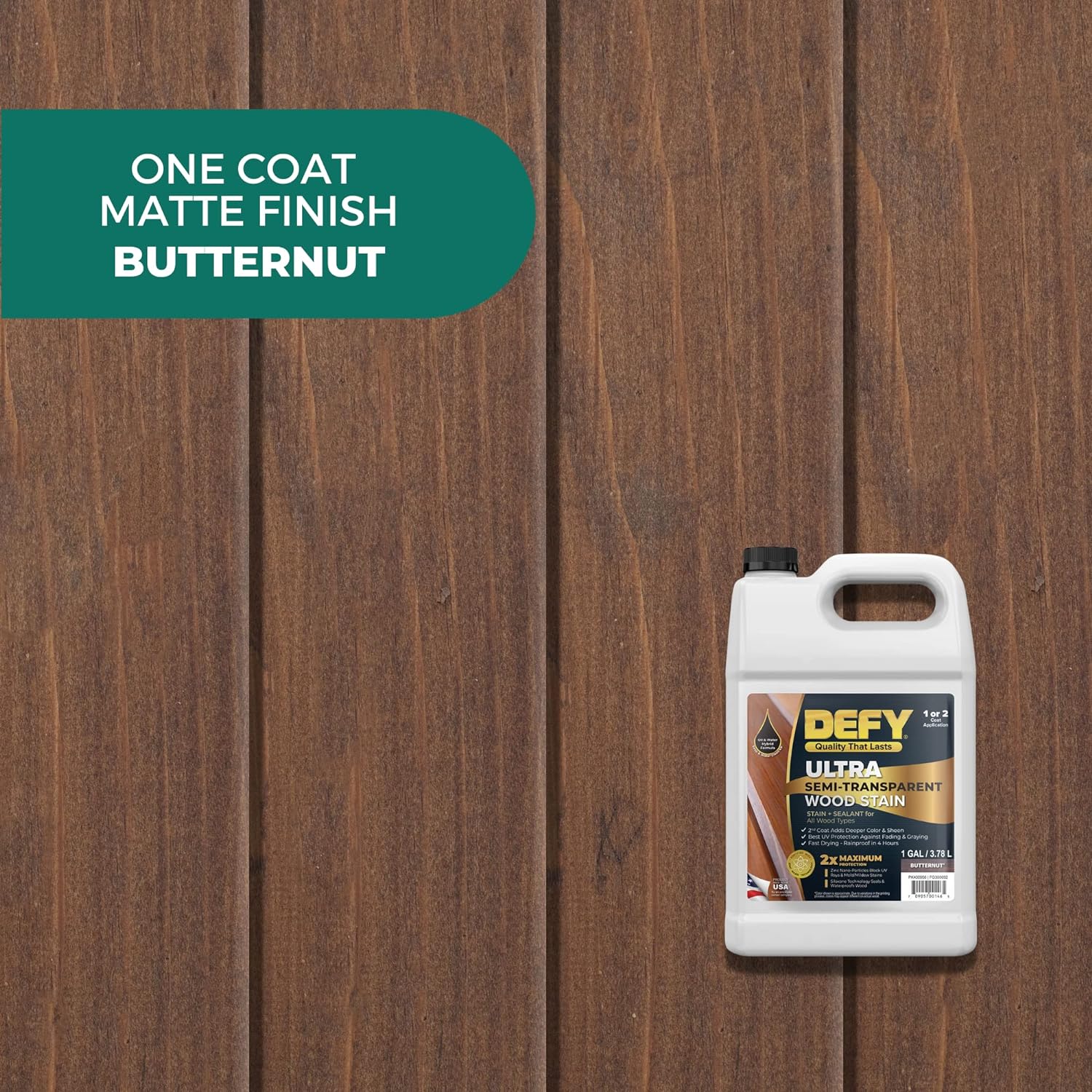 DEFY Tinte y sellador de madera ultra semitransparente para exteriores en uno  Butternut, 1 galón, tinte de cubierta y sellador  Color rico y brillo