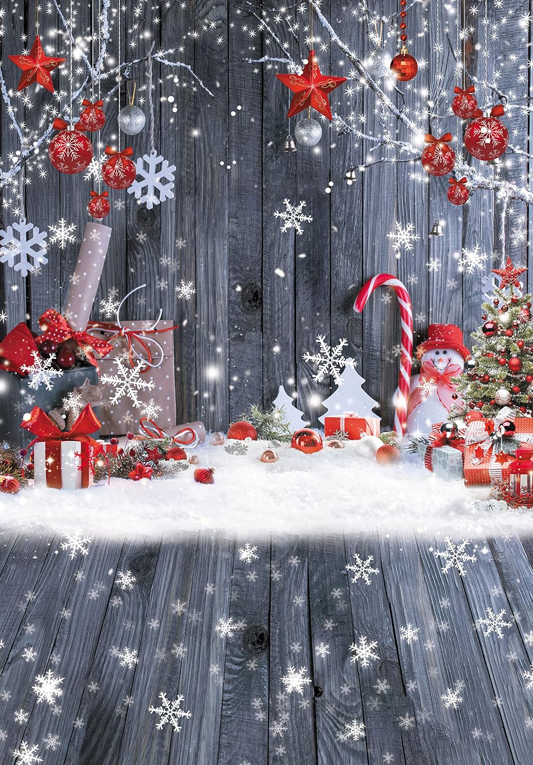 Cartel de fotografía de pared de madera de Navidad de 8 x 10 pies, telón de fondo, copo de nieve, árbol de Navidad, fondo de piso de madera,