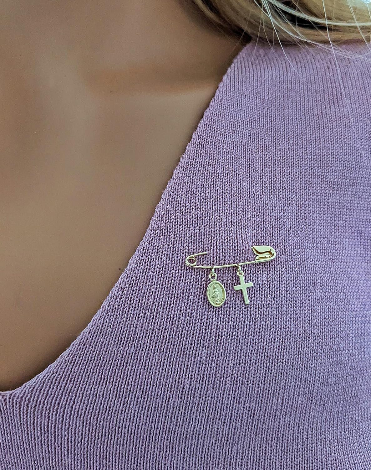 14k Yellow Gold Baby Safety Pin with Cross & Virgin Mary CharmsChristeningBaptismNOT Gold Filled NOT Gold Plated
