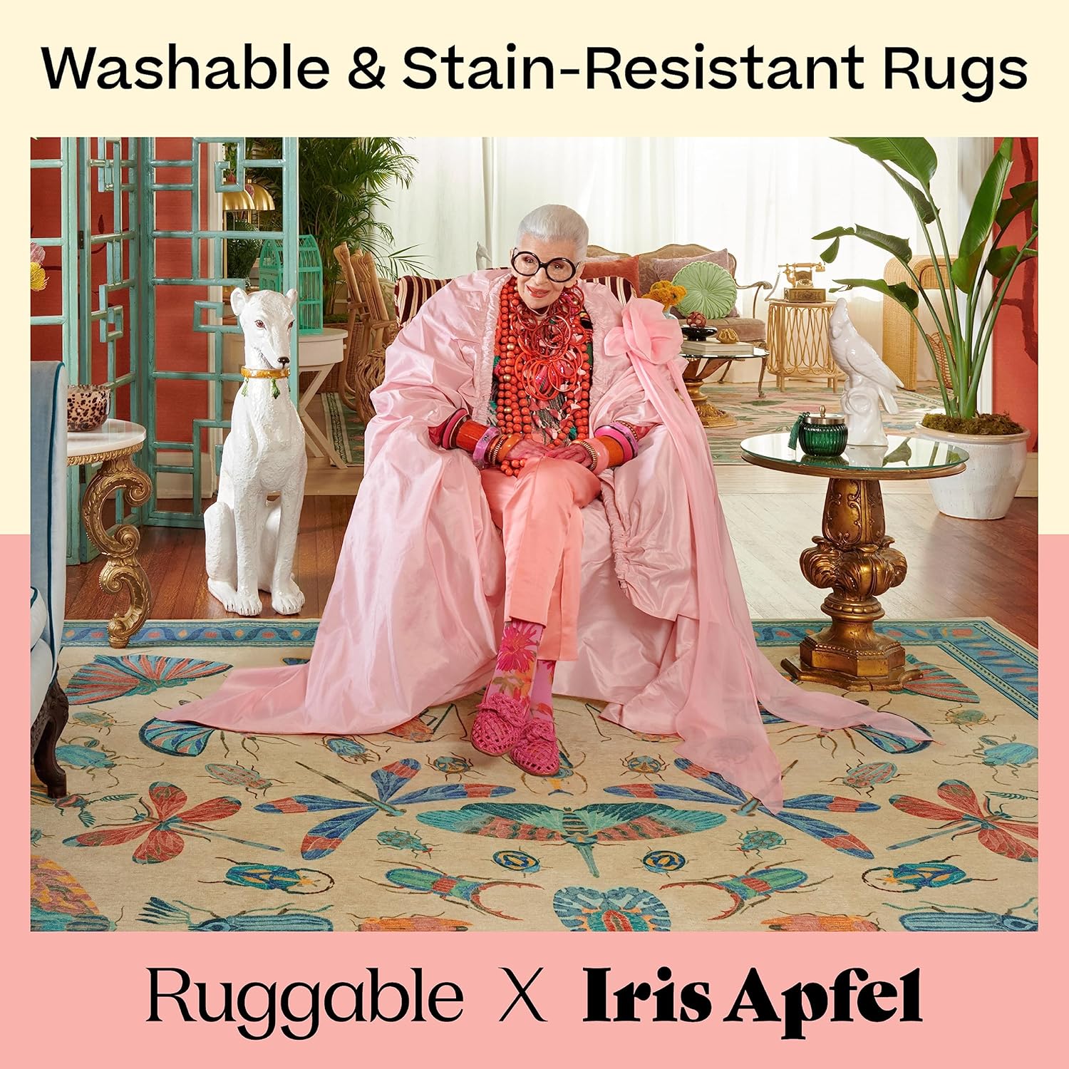 RUGGABLE x Iris Apfel – Alfombra lavable perfecta y moderna para sala de estar, dormitorio, cocina, apta para mascotas y niños, resistente a las